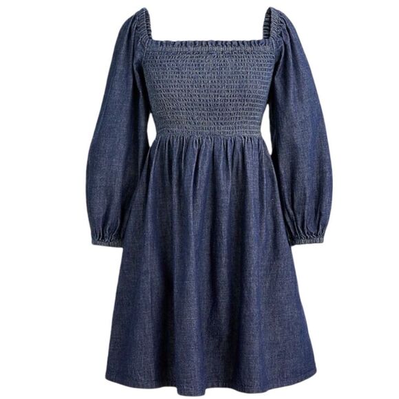 NWT. J. Crew Smocked Puff Sleeve Chambray Dress - Picture 1 of 5